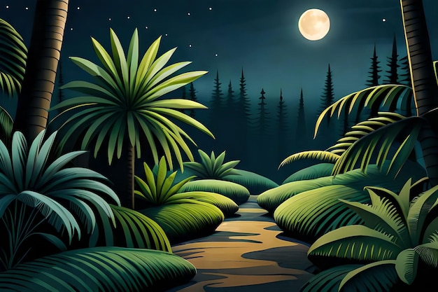 Una foresta tropicale di notte con un fiume in primo piano e una luna piena sullo sfondo.