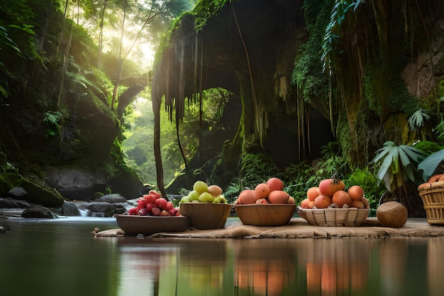 Una foresta verde con un grappolo di frutta in ceste