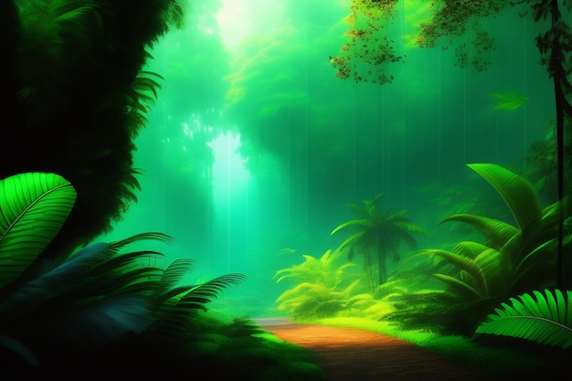 Una foresta verde con una scena nella giungla
