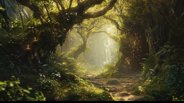 Una foresta verde e lussureggiante piena di alberi