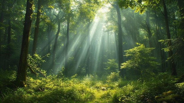 Una foresta verde lussureggiante con la luce solare che filtra attraverso alti alberi antichi