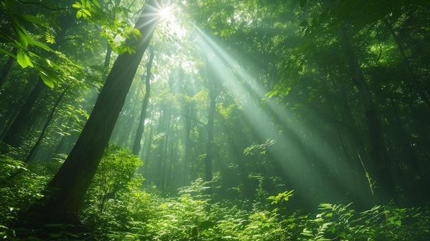 Una foresta verde lussureggiante con la luce solare che filtra attraverso alti alberi antichi