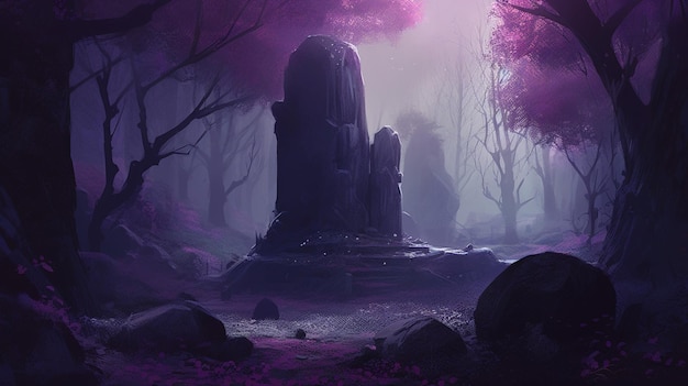 Una foresta viola con un pilastro di pietra nel mezzo.