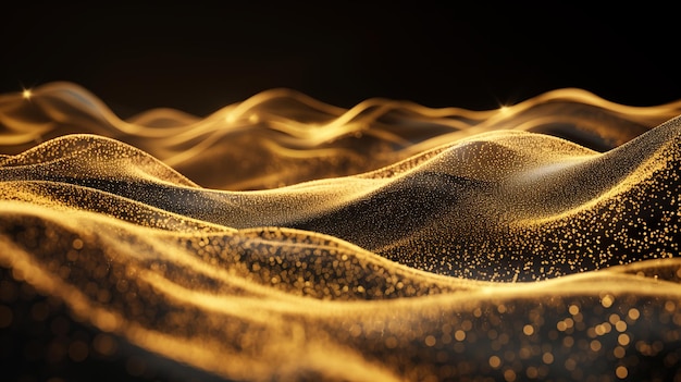 Una forma astratta ondulata composta da particelle d'oro e sabbia su uno sfondo nero