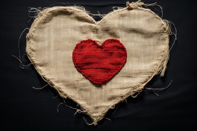 Una forma di cuore ricamata con filo rosso su punti di tela sono molto piccoli e uniformi