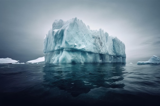 Una formazione di ghiaccio in fusione immersa nelle acque che ritrae le implicazioni del riscaldamento globale