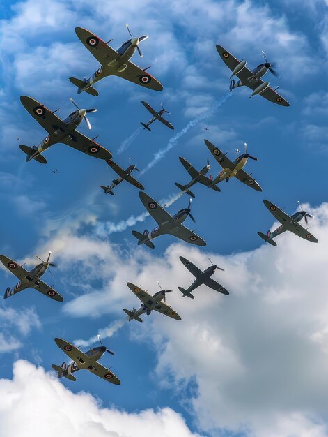 Una formazione di jet militari probabilmente in uno spettacolo aereo che vola in una formazione stretta attraverso un cielo blu limpido