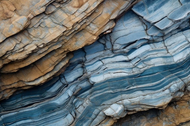 una formazione rocciosa blu e bianca con una superficie d'acqua blu