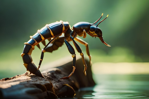 Una formica gigante su un tronco nell'acqua