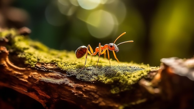 Una formica in piedi su un ramo di un albero coperto di muschio