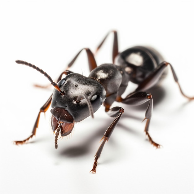 Una formica nera con uno sfondo bianco e uno sfondo bianco.