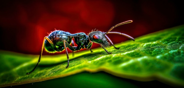 Una formica nera e rossa con gli occhi rossi è su una foglia verde.