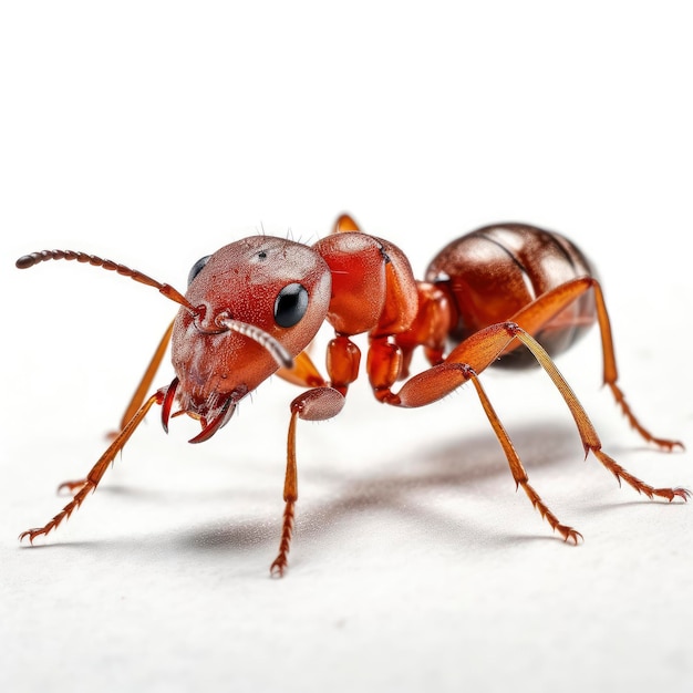 Una formica rossa brillante su sfondo bianco