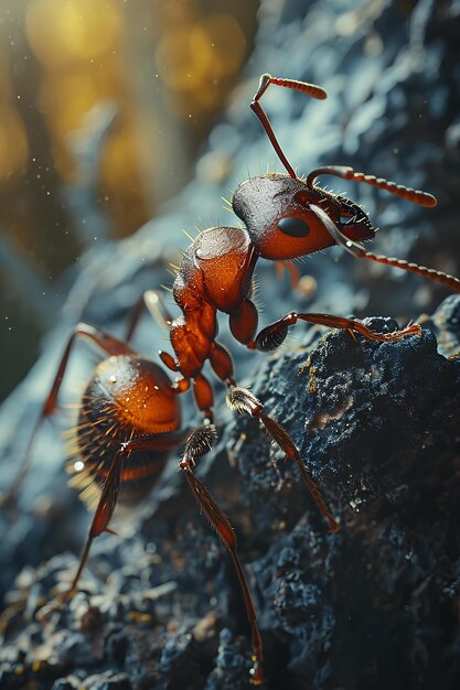 Una formica rossa con il sole che sbircia attraverso un po'di muschio