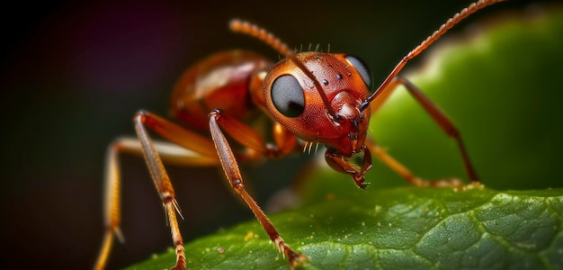 Una formica rossa con un occhio nero e un occhio nero è seduta su una foglia verde.