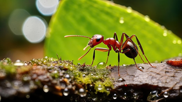 una formica rossa è raffigurata su una foglia verde.