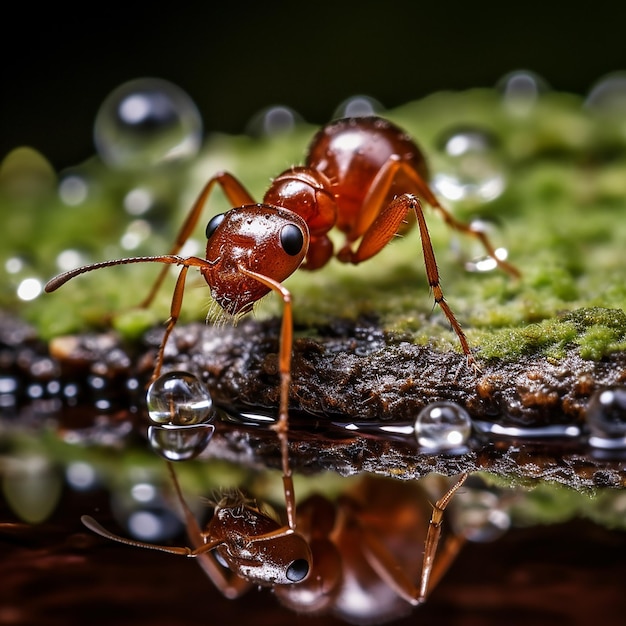 Una formica rossa su una macrofotografia di roccia