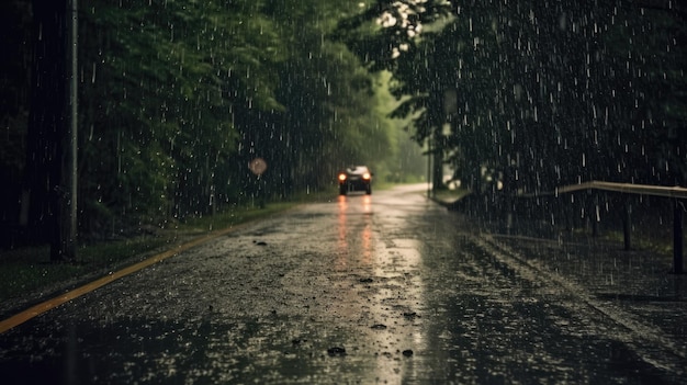 Una forte pioggia cade sulla strada la sera.