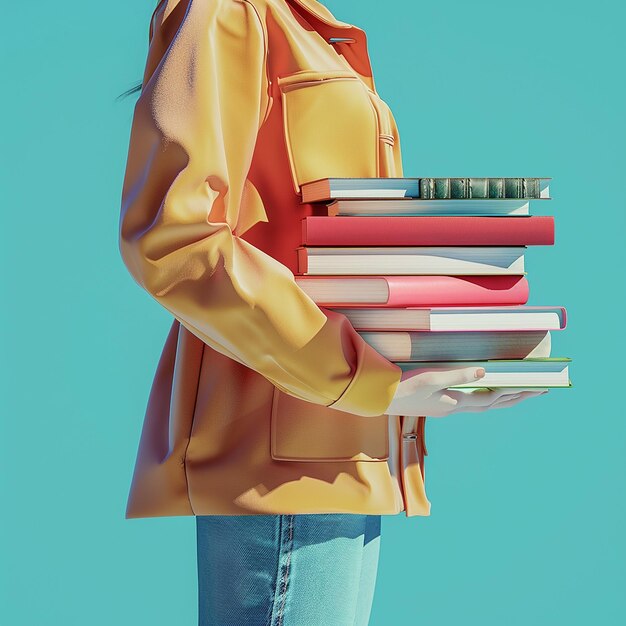 Una foto 3D di una figura di cartone animato in piedi davanti a una pila di libri