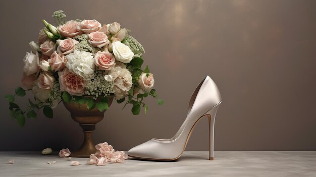 una foto 3D unica di un bouquet di nozze e una coppia di scarpe da sposa con sfondo semplice