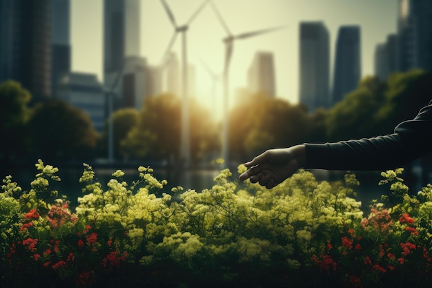 Una foto a doppia esposizione mostra una stretta di mano aziendale su un parco eolico e un'interazione tra lavoratori per l'energia rinnovabile verde Sviluppo sostenibile e concetti di energia alternativa