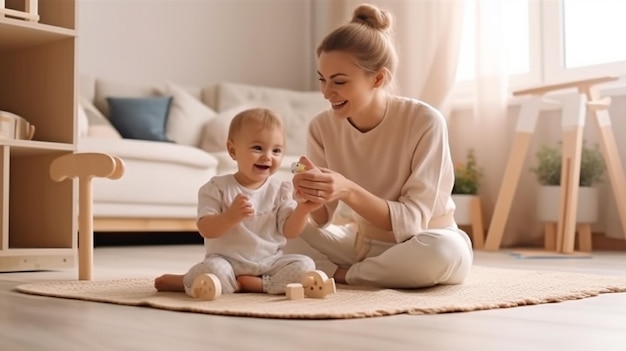 Una foto a figura intera di un'energica madre disabile che gioca con un adorabile bambino mentre è seduta per terra a casa The Generative AI