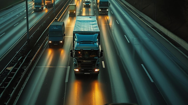 Una foto a lunga esposizione di una strada trafficata di notte Le strisce di luce delle auto e dei camion creano un senso di velocità e movimento