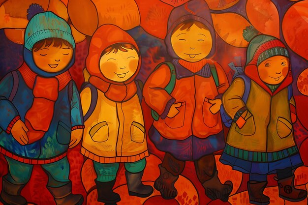 Una foto a tema di ritorno a scuola di bambini in colori felici e caldi