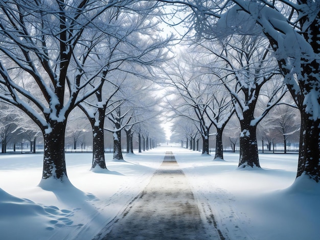 Una foto accattivante che mostra un paesaggio invernale sereno in un parco cittadino