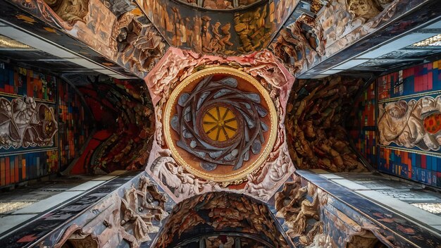 Una foto ad angolo basso dell'interno di una chiesa con un'affascinante arte medievale