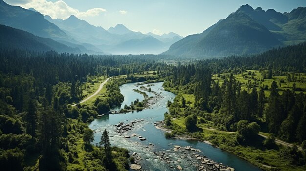 Una foto aerea di un fiume in una foresta tropicale lussureggiante con le montagne in lontananzaxA