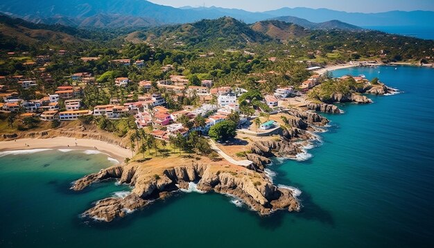 Una foto aerea di una pittoresca città costiera in Colombia