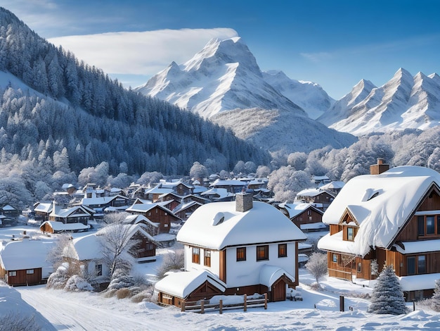 Una foto affascinante che mostra una pittoresca città coperta di neve con affascinanti case piccole