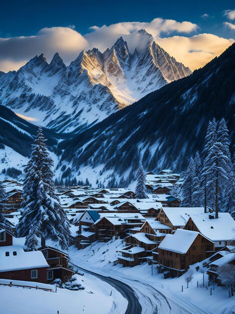 Una foto affascinante che mostra una pittoresca città coperta di neve con affascinanti case piccole