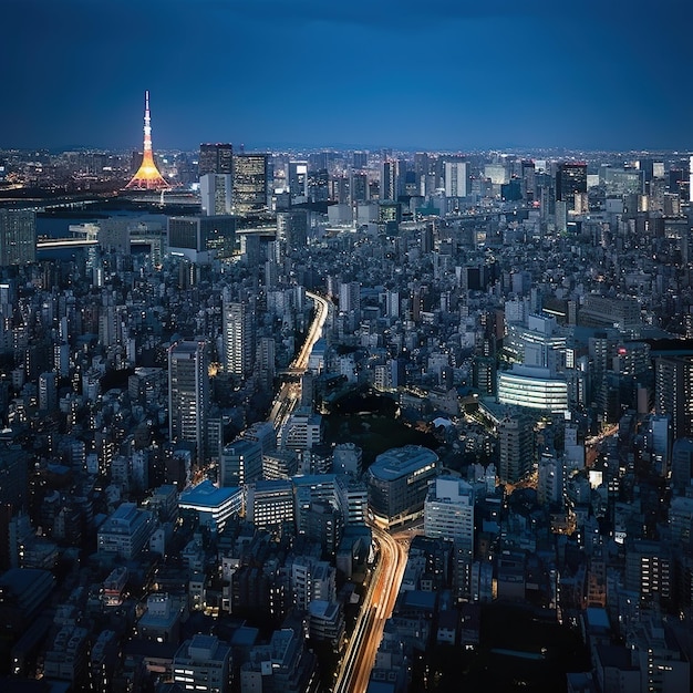 Una foto bellezza vista notturna di tokyo dall'alto