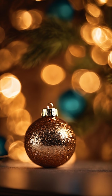 una foto bokeh di un ornamento di Natale a paillettes con luci scintillanti sullo sfondo