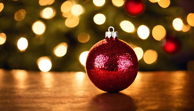 una foto bokeh di un ornamento di Natale a paillettes con luci scintillanti sullo sfondo