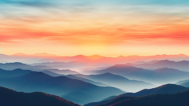 Una foto che cattura i colori vivaci e gli strati di una catena montuosa al tramonto