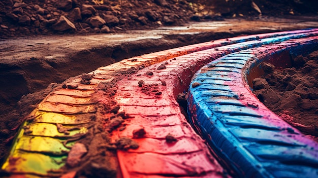 Una foto che cattura i colori vivaci e l'energia dinamica di una pista di pneumatici su un terreno sporco o fangoso