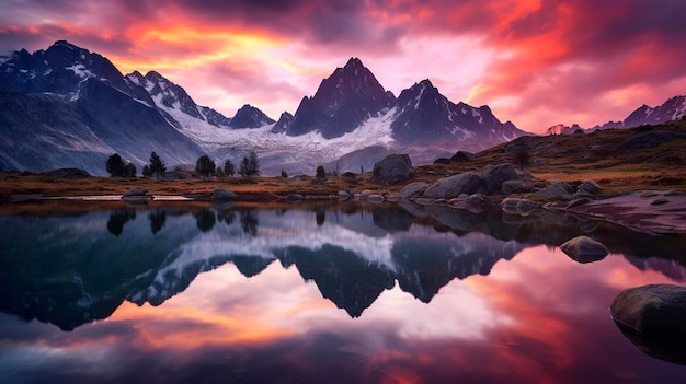 Una foto che cattura i colori vivaci e la tranquillità di una catena montuosa riflessa in una montagna