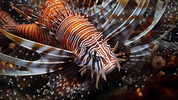 Una foto che cattura i dettagli e i modelli nitidi delle spine velenose di un pesce leone