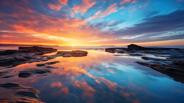 Una foto che cattura i sereni riflessi di un tramonto sulla spiaggia su una calma piscina di marea speculata