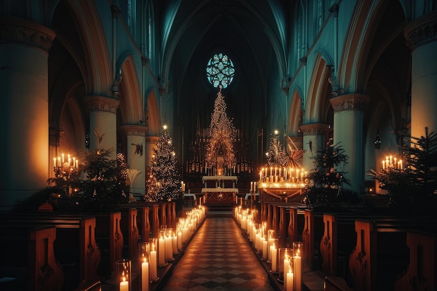 Una foto che cattura l'interno di una chiesa piena di un'abbondanza di candele accese Una serena chiesa a candela la vigilia di Natale Generata dall'AI