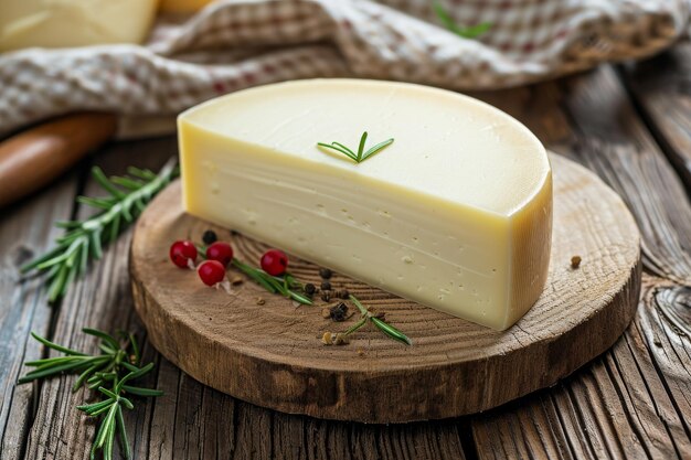 Una foto che cattura un pezzo di formaggio poggiato su una pratica tavola da taglio in legno Una fetta di formaggio Pule su una tavola di legno rustica Generata dall'IA