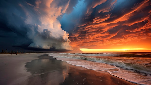 Una foto che mostra i colori drammatici e le formazioni di nuvole di una tempesta al tramonto sulla spiaggia