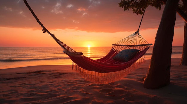 Una foto che mostra la pacifica solitudine di un tramonto sulla spiaggia con un'amaca vuota che oscilla dolcemente