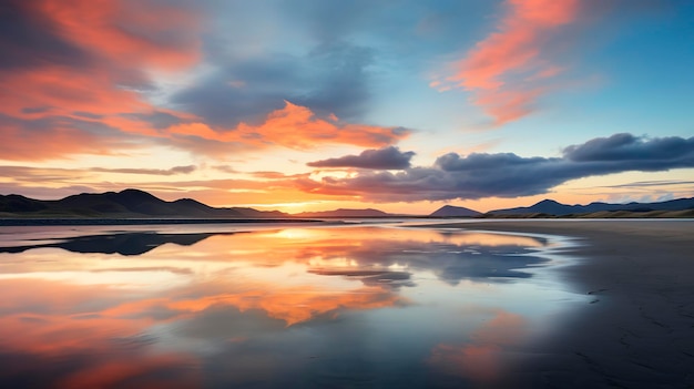 Una foto che mostra la tranquilla bellezza di un tramonto sulla spiaggia mentre le onde si abbracciano dolcemente la riva