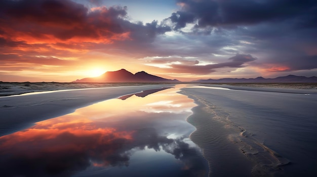 Una foto che mostra la tranquilla bellezza di un tramonto sulla spiaggia mentre le onde si abbracciano dolcemente la riva