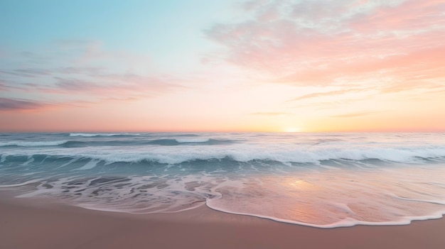 Una foto che mostra le morbide sfumature pastello di un tramonto sulla spiaggia in una serata tranquilla