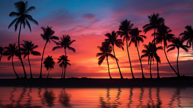 Una foto che mostra le silhouette di palme contro un colorato tramonto sulla spiaggia